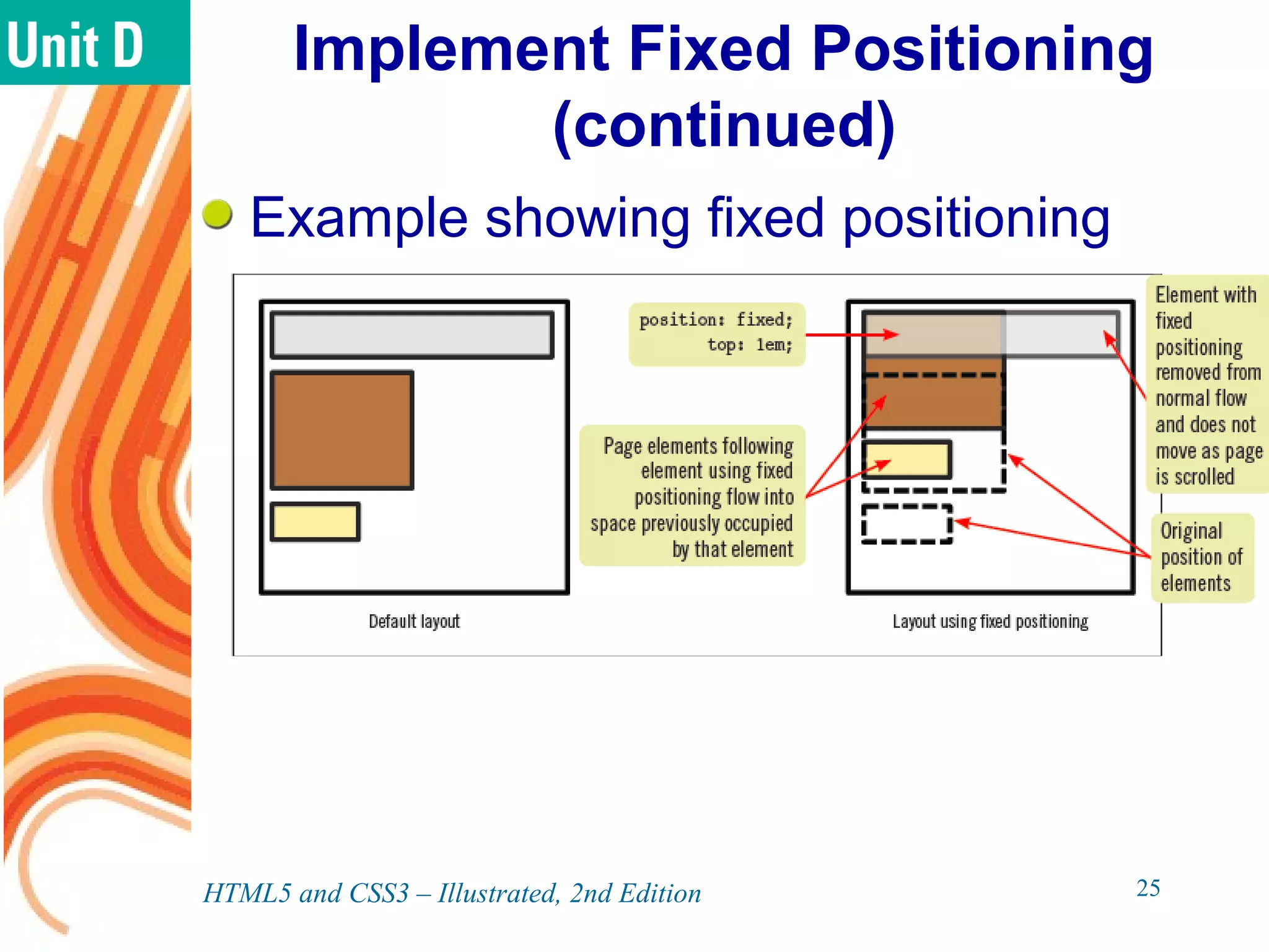 Implement Fixed Positioning
(continued)
Example showing fixed positioning
HTML5 and CSS3 – Illustrated, 2nd Edition 25
 