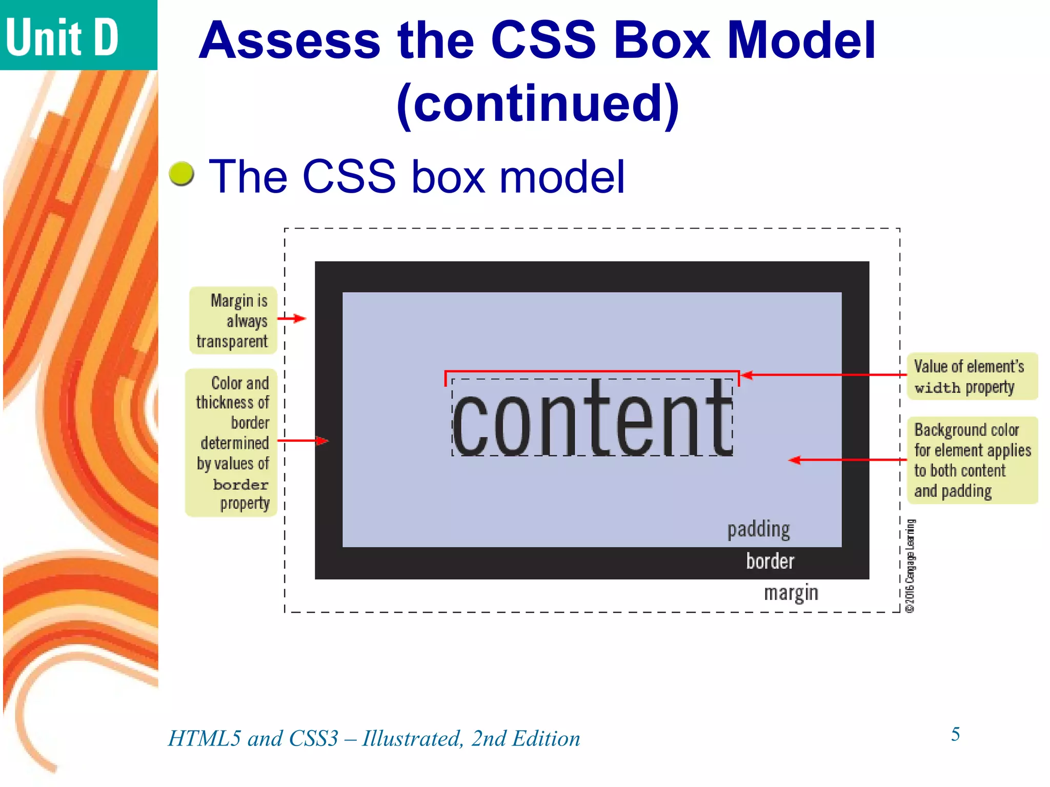 Assess the CSS Box Model
(continued)
The CSS box model
HTML5 and CSS3 – Illustrated, 2nd Edition 5
 