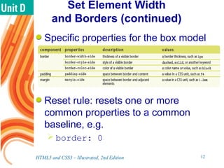 Set Element Width
and Borders (continued)
Specific properties for the box model
Reset rule: resets one or more
common properties to a common
baseline, e.g.
 border: 0
HTML5 and CSS3 – Illustrated, 2nd Edition 12
 