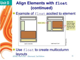 Align Elements with float
(continued)
Example of float applied to element
Use float to create multicolumn
layoutsHTML5 and CSS3 – Illustrated, 2nd Edition 18
 