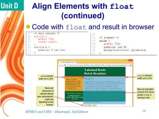 Align Elements with float
(continued)
Code with float and result in browser
HTML5 and CSS3 – Illustrated, 2nd Edition 19
 