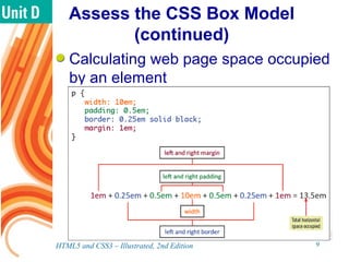 Assess the CSS Box Model
(continued)
Calculating web page space occupied
by an element
HTML5 and CSS3 – Illustrated, 2nd Edition 9
 