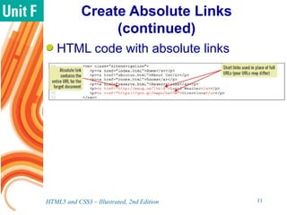 Create Absolute Links
(continued)
HTML code with absolute links
HTML5 and CSS3 – Illustrated, 2nd Edition 11
 