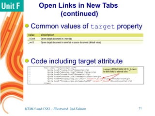 Open Links in New Tabs
(continued)
Common values of target property
Code including target attribute
HTML5 and CSS3 – Illustrated, 2nd Edition 21
 