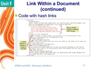 Link Within a Document
(continued)
Code with hash links
HTML5 and CSS3 – Illustrated, 2nd Edition 23
 