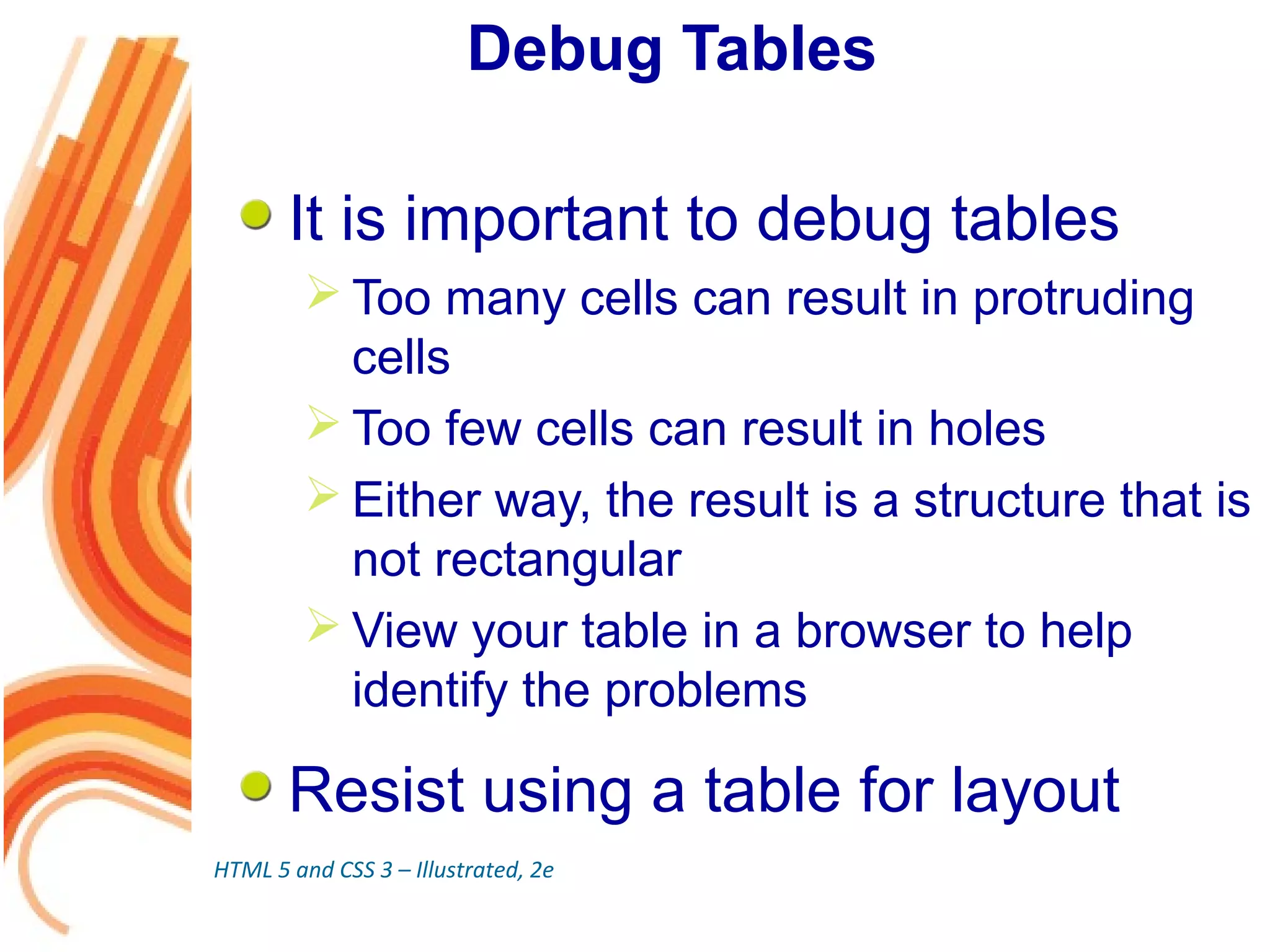 Debug Tables
It is important to debug tables
 Too many cells can result in protruding
cells
 Too few cells can result in holes
 Either way, the result is a structure that is
not rectangular
 View your table in a browser to help
identify the problems
Resist using a table for layout
HTML 5 and CSS 3 – Illustrated, 2e
 