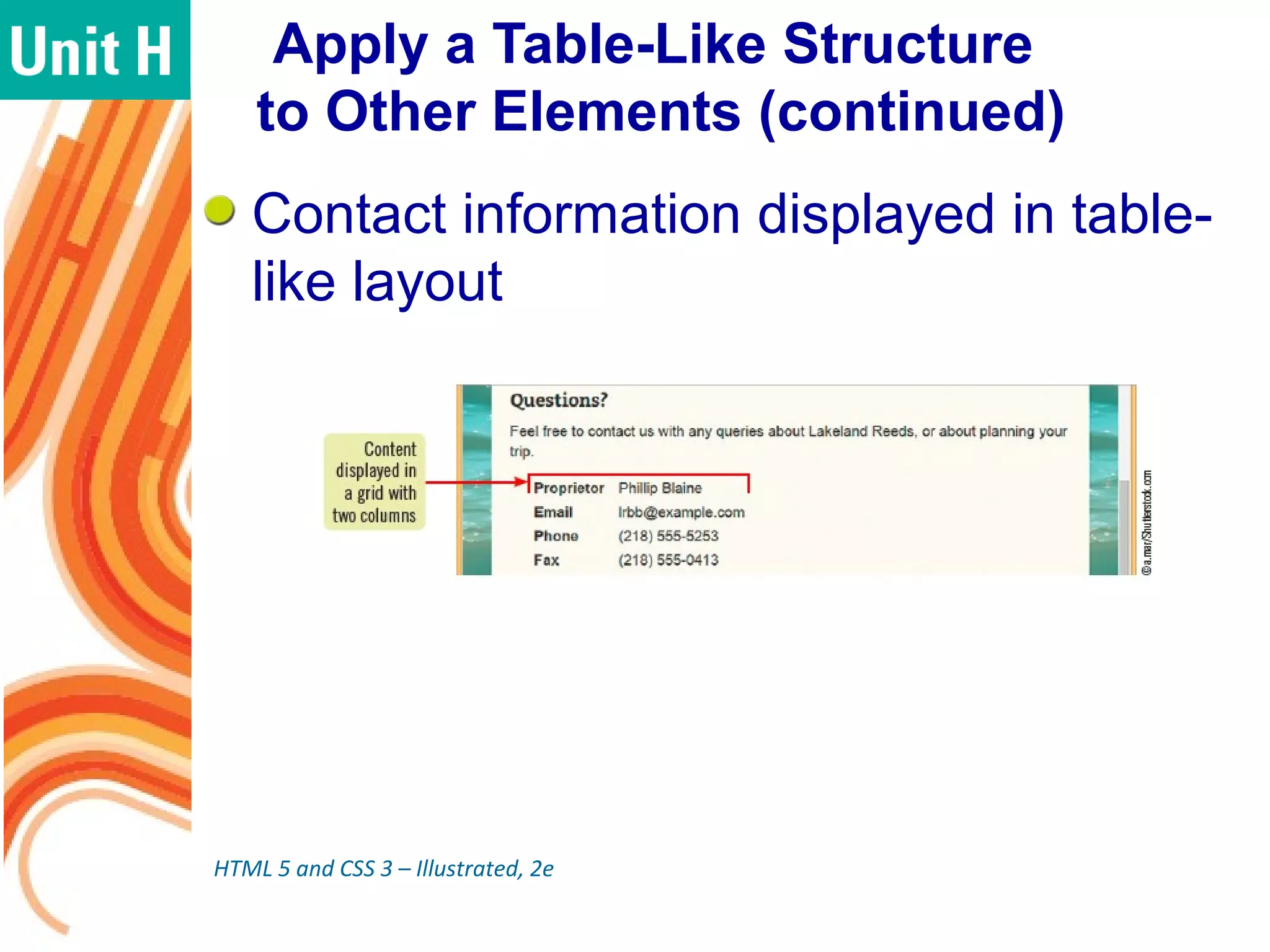 Apply a Table-Like Structure
to Other Elements (continued)
Contact information displayed in table-
like layout
HTML 5 and CSS 3 – Illustrated, 2e
 