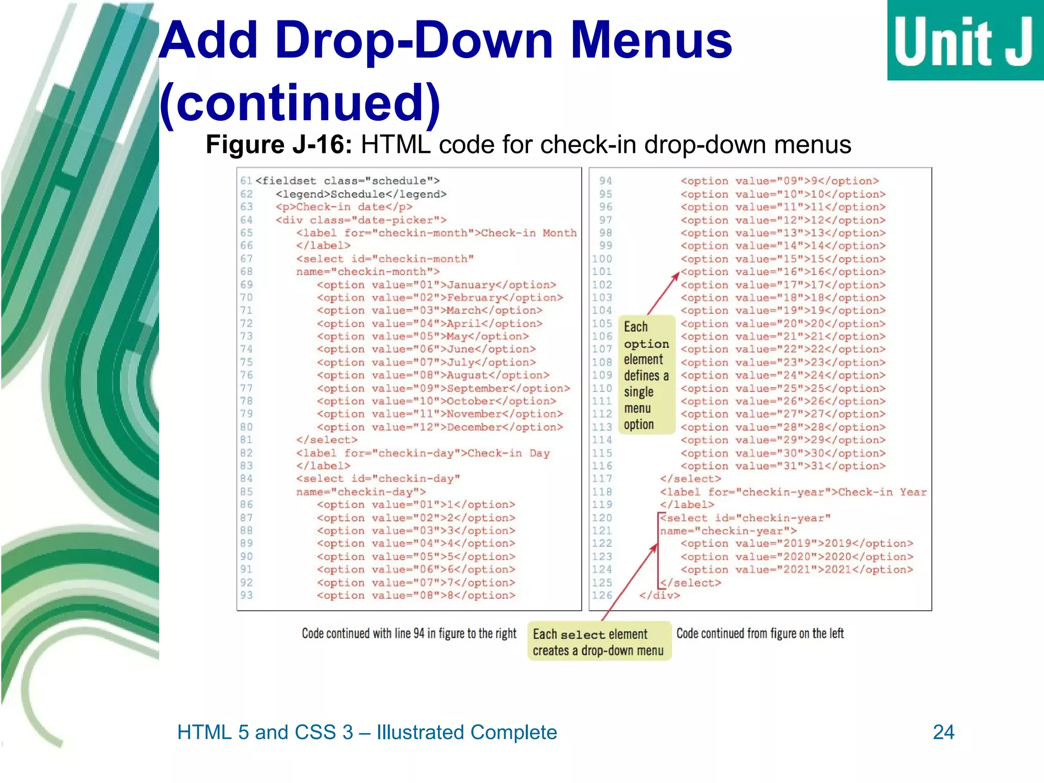 Add Drop-Down Menus
(continued)
HTML 5 and CSS 3 – Illustrated Complete 24
Figure J-16: HTML code for check-in drop-down menus
 