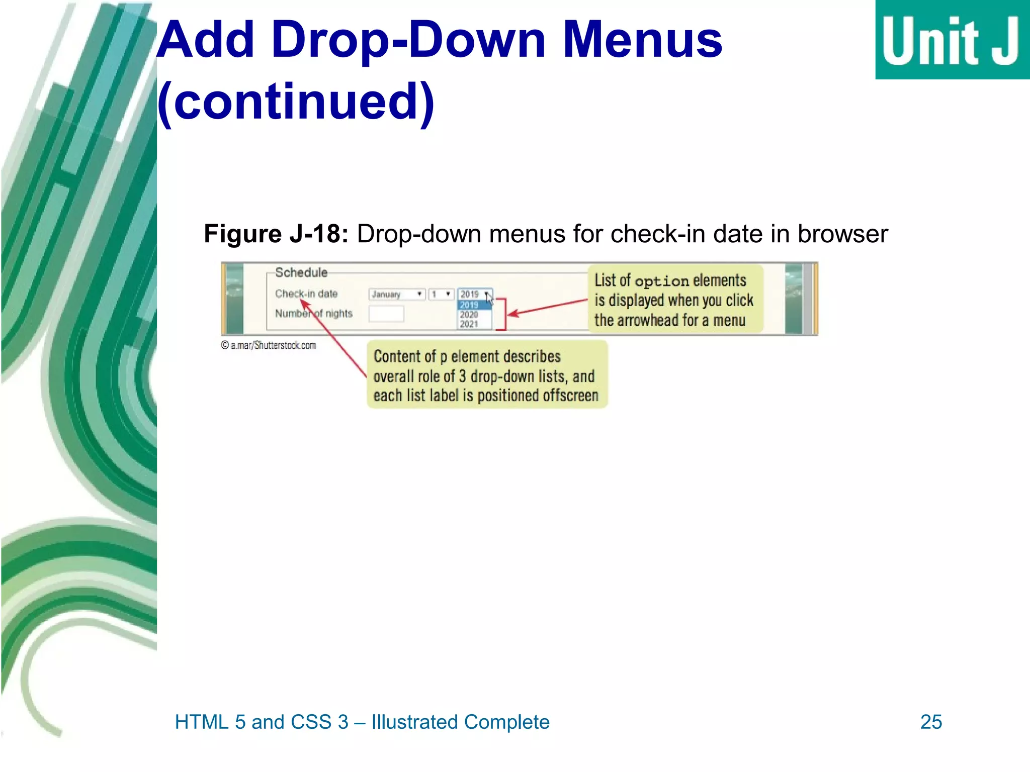 Add Drop-Down Menus
(continued)
HTML 5 and CSS 3 – Illustrated Complete 25
Figure J-18: Drop-down menus for check-in date in browser
 