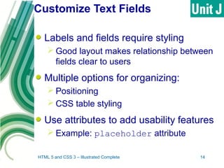 Customize Text Fields
Labels and fields require styling
 Good layout makes relationship between
fields clear to users
Multiple options for organizing:
 Positioning
 CSS table styling
Use attributes to add usability features
 Example: placeholder attribute
HTML 5 and CSS 3 – Illustrated Complete 14
 
