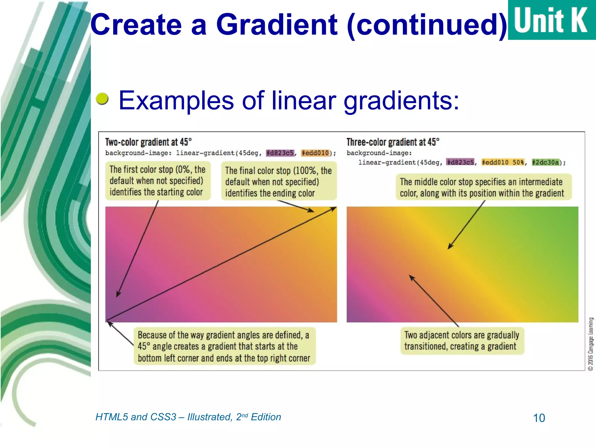 Create a Gradient (continued)
Examples of linear gradients:
10HTML5 and CSS3 – Illustrated, 2nd
Edition
 