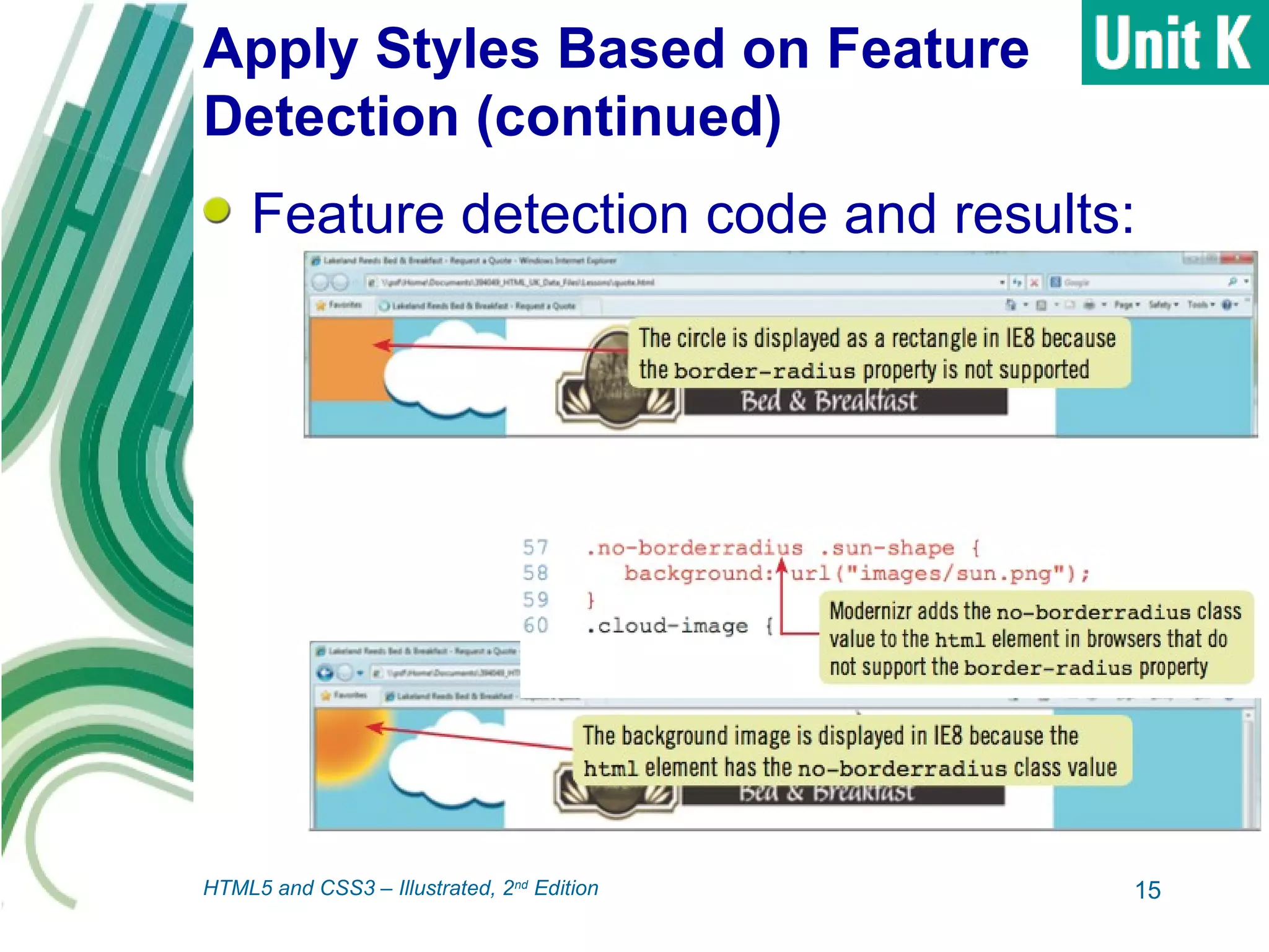Apply Styles Based on Feature
Detection (continued)
Feature detection code and results:
15HTML5 and CSS3 – Illustrated, 2nd
Edition
 