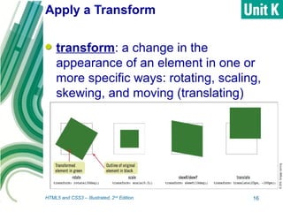 Apply a Transform
transform: a change in the
appearance of an element in one or
more specific ways: rotating, scaling,
skewing, and moving (translating)
16HTML5 and CSS3 – Illustrated, 2nd
Edition
 