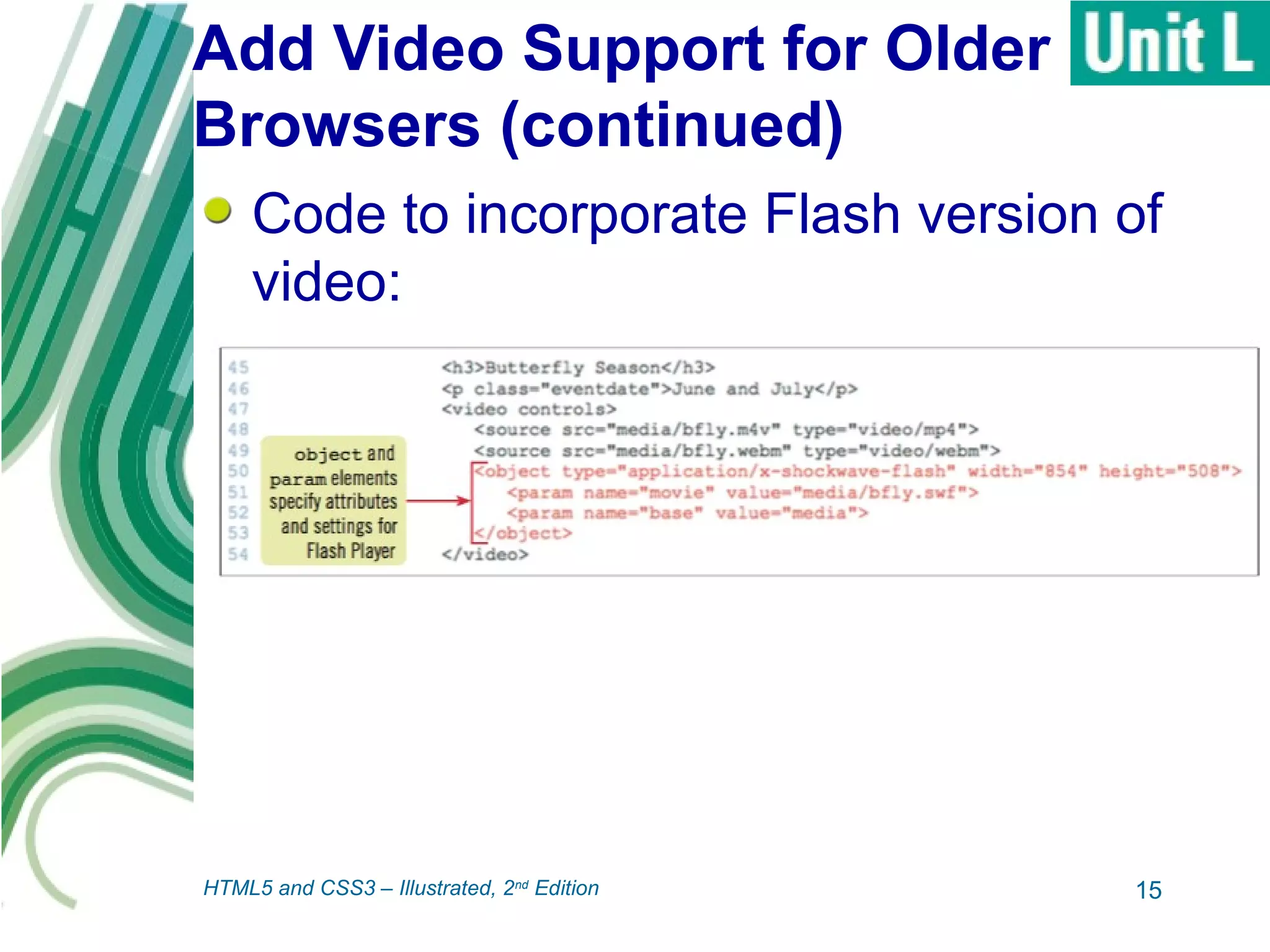 Add Video Support for Older
Browsers (continued)
Code to incorporate Flash version of
video:
15HTML5 and CSS3 – Illustrated, 2nd
Edition
 
