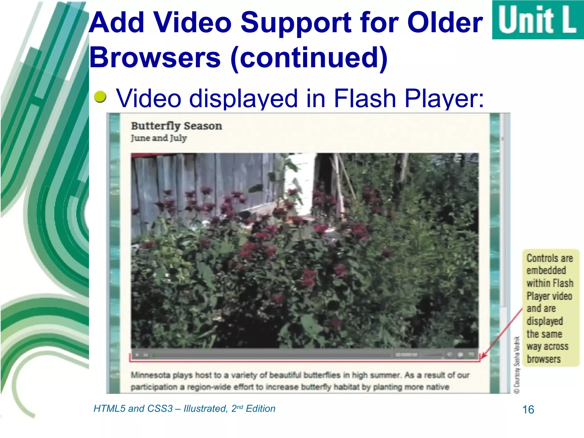 Add Video Support for Older
Browsers (continued)
Video displayed in Flash Player:
16HTML5 and CSS3 – Illustrated, 2nd
Edition
 