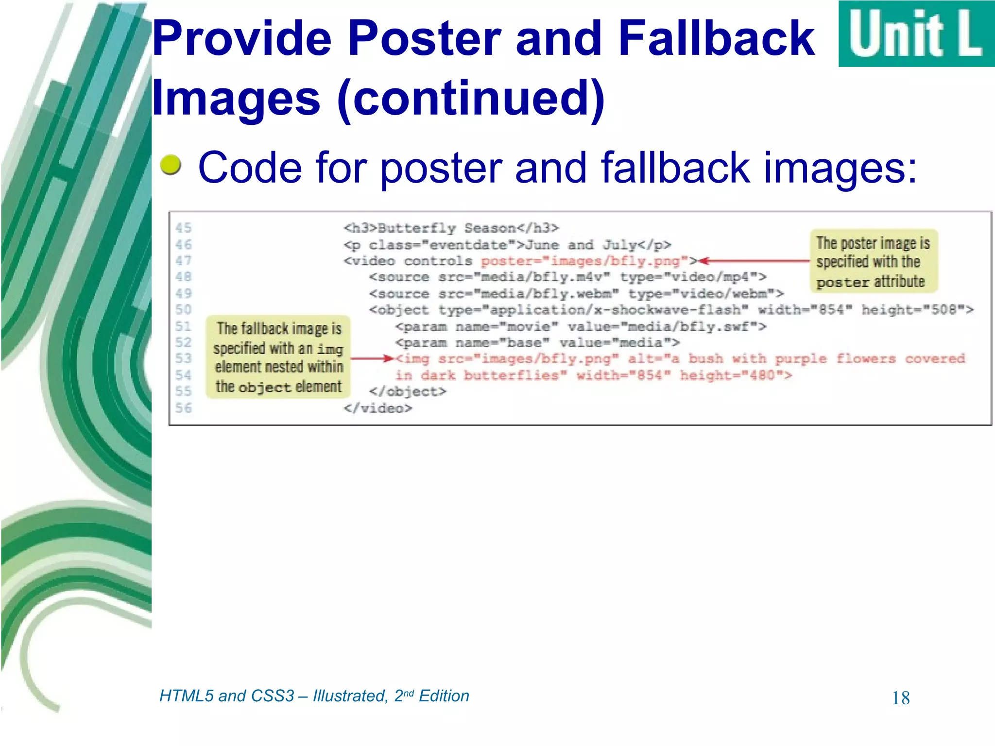 Provide Poster and Fallback
Images (continued)
18
Code for poster and fallback images:
HTML5 and CSS3 – Illustrated, 2nd
Edition
 