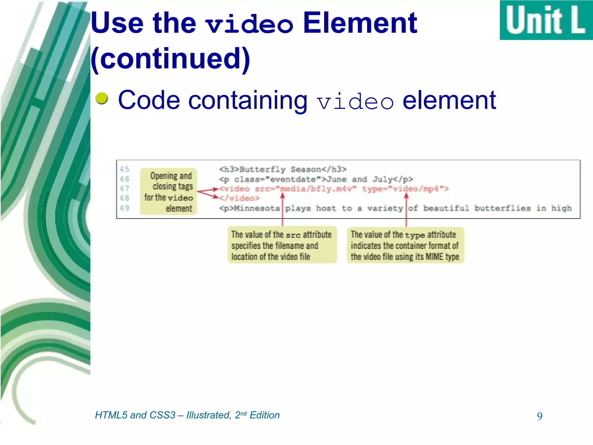 Use the video Element
(continued)
Code containing video element
9HTML5 and CSS3 – Illustrated, 2nd
Edition
 