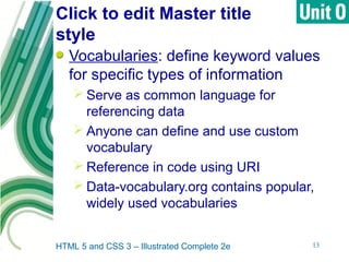 Click to edit Master title
style
HTML 5 and CSS 3 – Illustrated Complete 2e 13
Vocabularies: define keyword values
for specific types of information
 Serve as common language for
referencing data
 Anyone can define and use custom
vocabulary
 Reference in code using URI
 Data-vocabulary.org contains popular,
widely used vocabularies
 