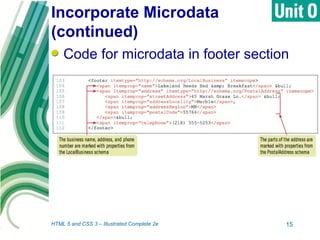 Incorporate Microdata
(continued)
Code for microdata in footer section
HTML 5 and CSS 3 – Illustrated Complete 2e 15
 