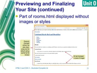Previewing and Finalizing
Your Site (continued)
HTML 5 and CSS 3 – Illustrated Complete 2e 21
Part of rooms.html displayed without
images or styles
 