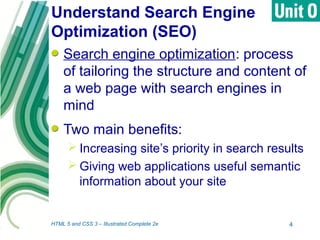 Understand Search Engine
Optimization (SEO)
Search engine optimization: process
of tailoring the structure and content of
a web page with search engines in
mind
Two main benefits:
 Increasing site’s priority in search results
 Giving web applications useful semantic
information about your site
HTML 5 and CSS 3 – Illustrated Complete 2e 4
 