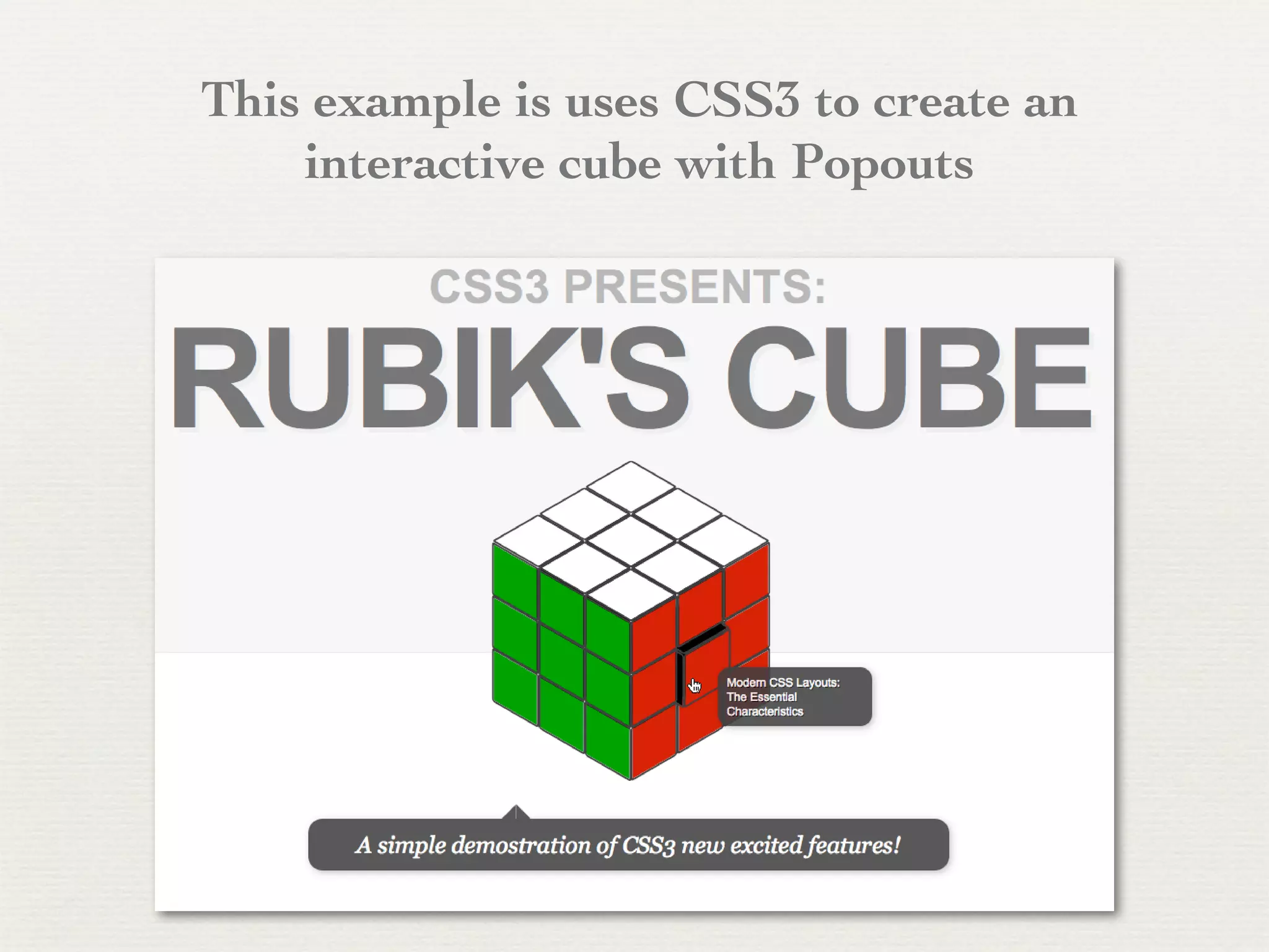 This example is uses CSS3 to create an
    interactive cube with Popouts
 