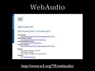 WebAudio

http://www.w3.org/TR/webaudio/

 