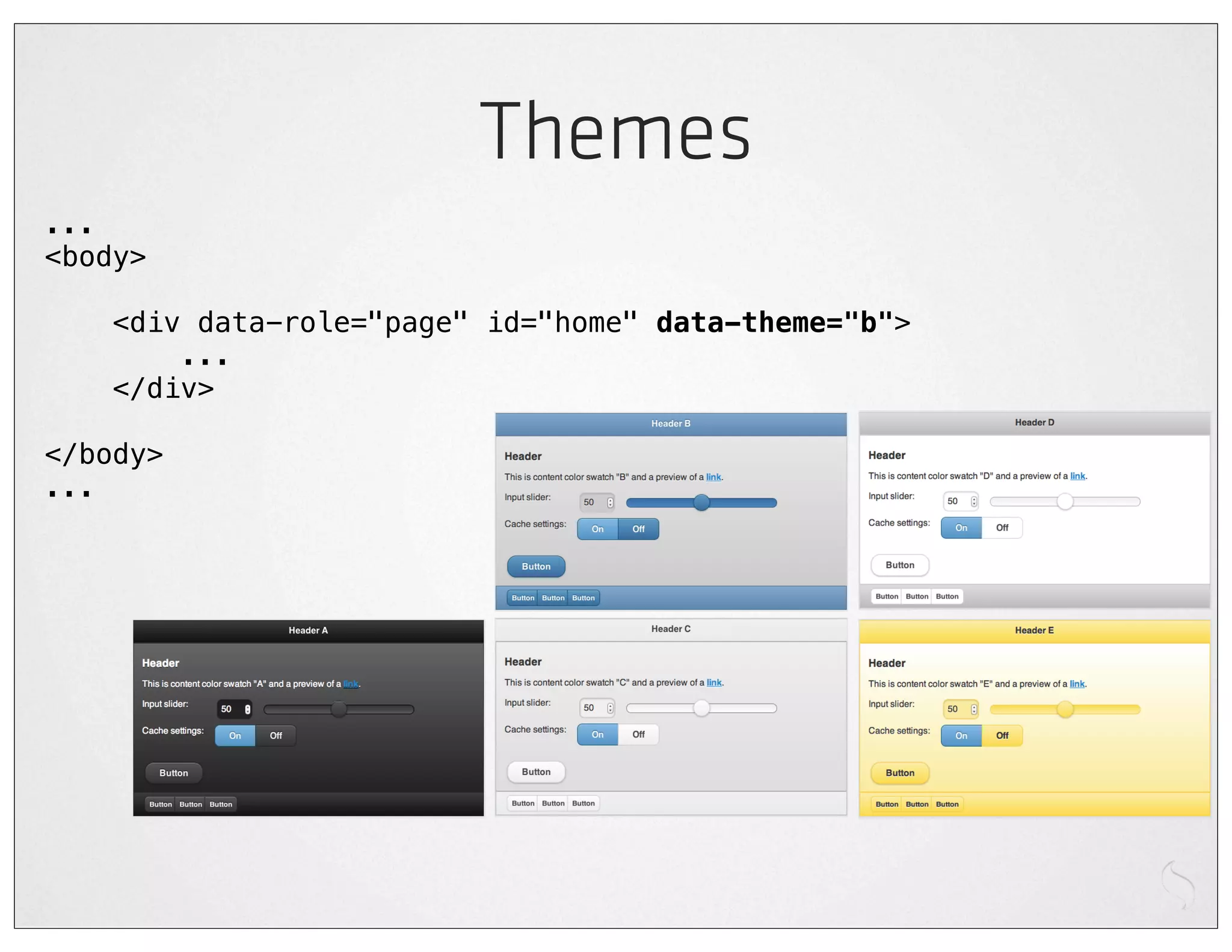 Themes
...
<body>

    <div data-role="page" id="home" data-theme="b">
        ...
    </div>

</body>
...
 