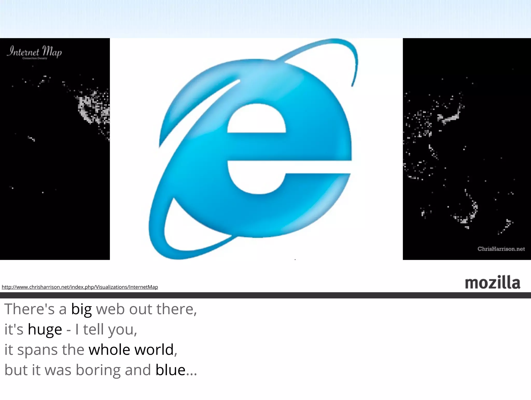 http://www.chrisharrison.net/index.php/Visualizations/InternetMap




 There's a big web out there, 
 it's huge - I tell you, 
 it spans the whole world, 
 but it was boring and blue…
 