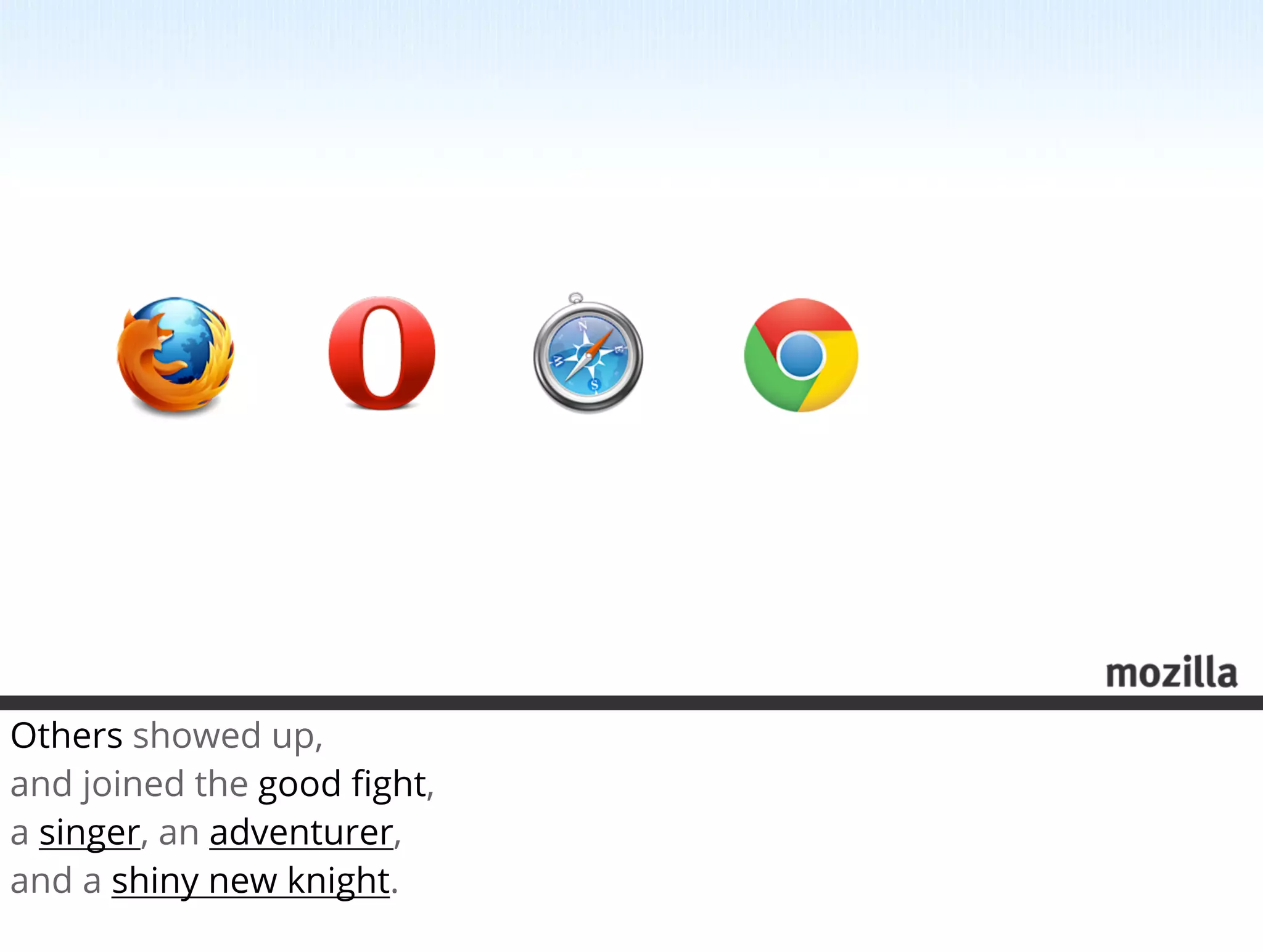 Others showed up,
and joined the good ﬁght, 
a singer, an adventurer, 
and a shiny new knight.
 