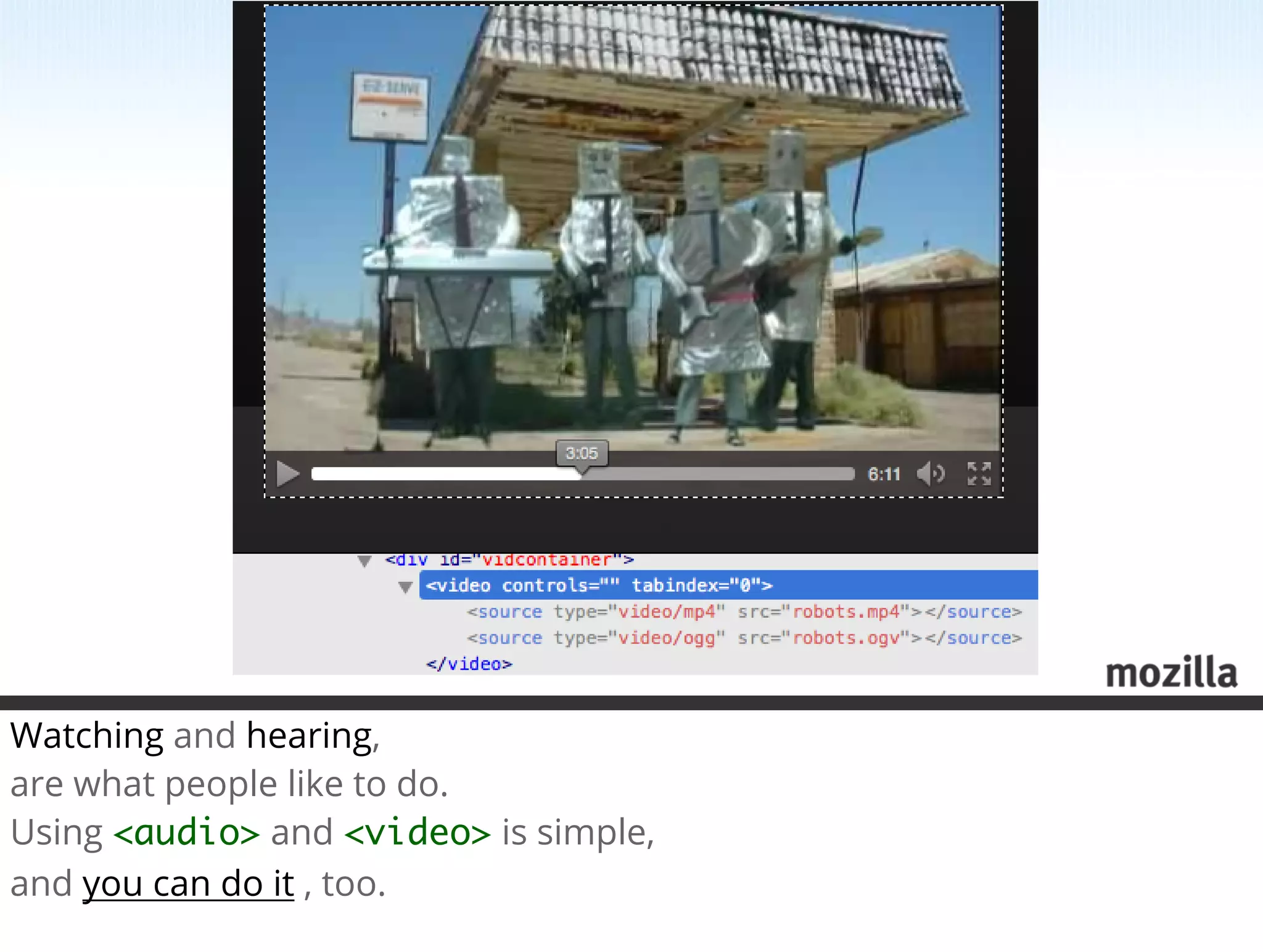 Watching and hearing,
are what people like to do.
Using <audio> and <video> is simple,
and you can do it , too.
 