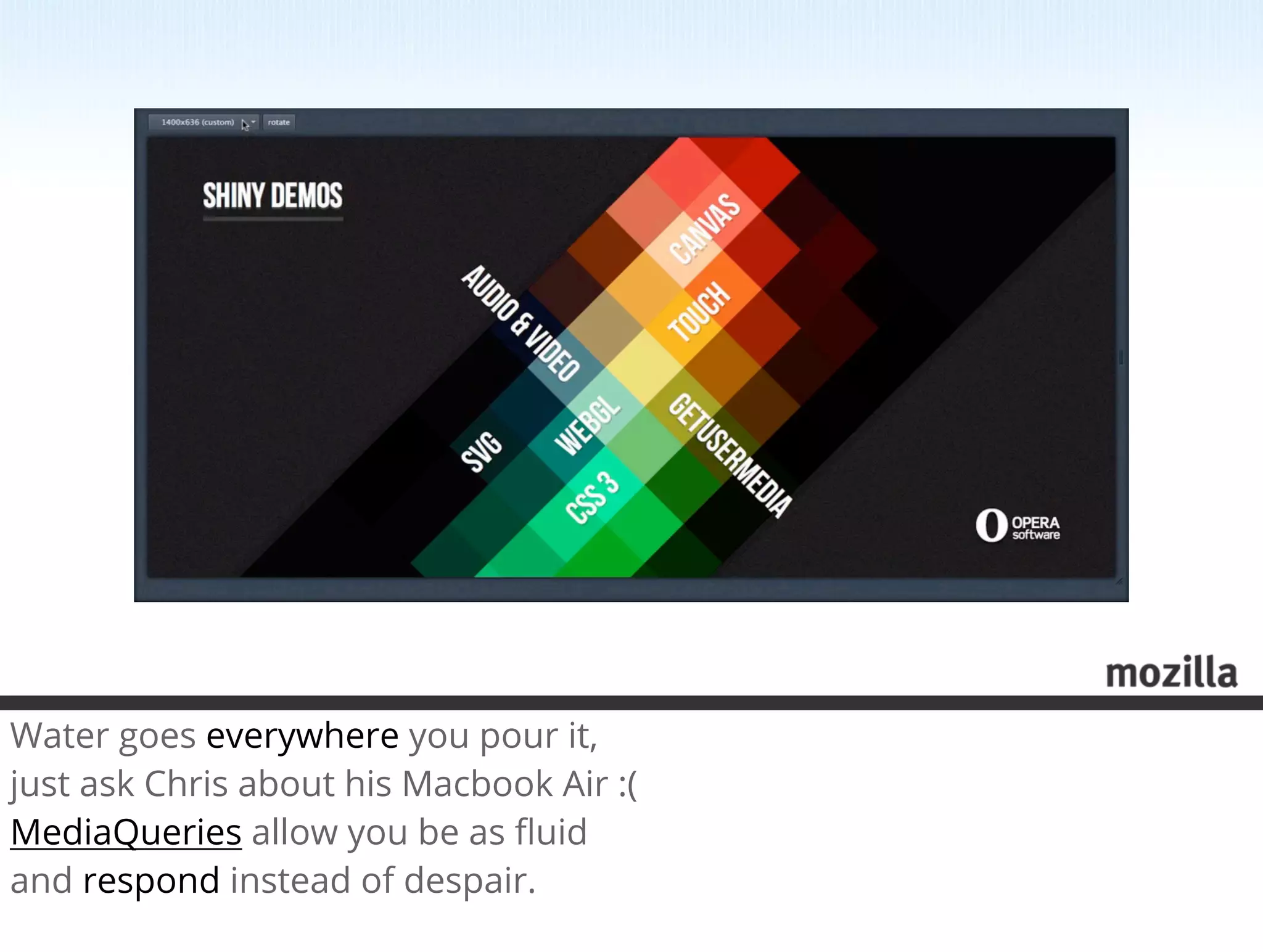 Water goes everywhere you pour it,
just ask Chris about his Macbook Air :(
MediaQueries allow you be as ﬂuid
and respond instead of despair.
 