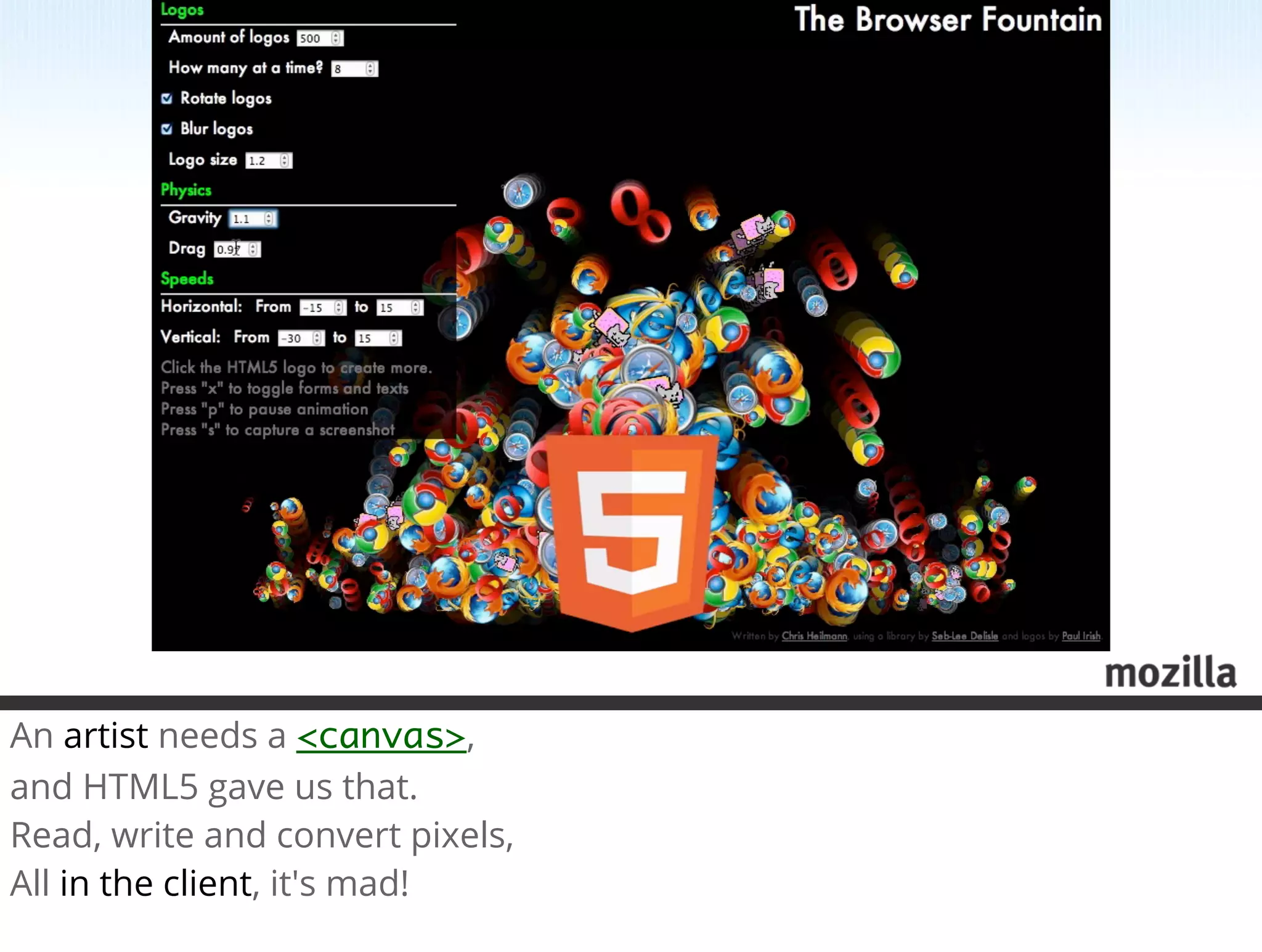An artist needs a <canvas>,
and HTML5 gave us that.
Read, write and convert pixels,
All in the client, it's mad!
 