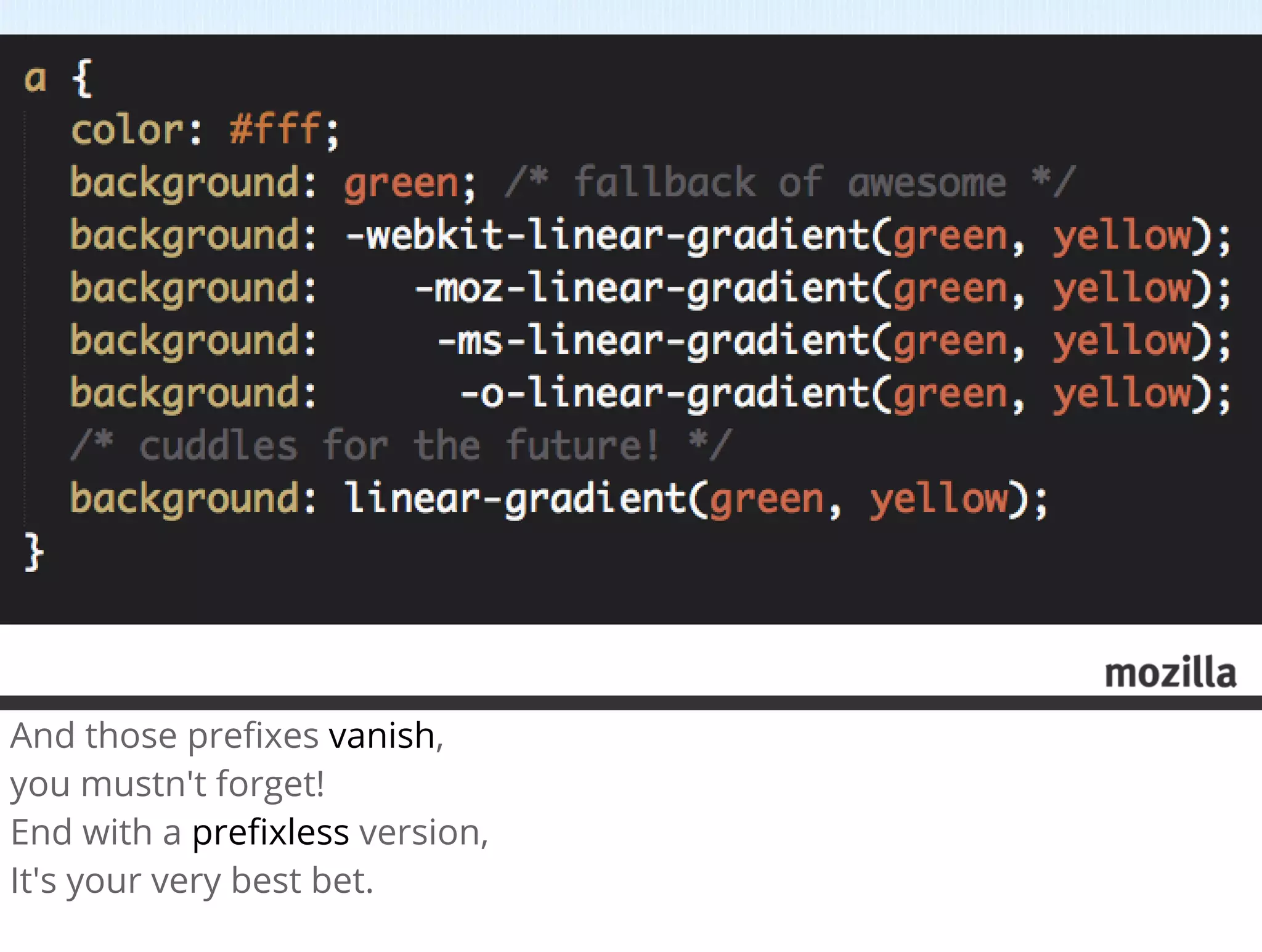 And those preﬁxes vanish,
you mustn't forget!
End with a preﬁxless version,
It's your very best bet.
 
