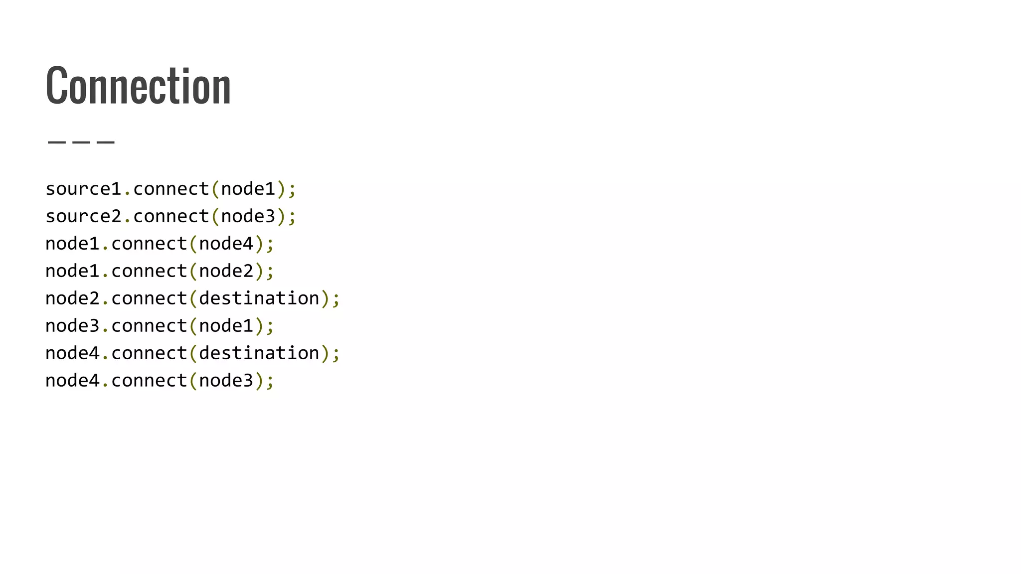 Connection
source1.connect(node1);
source2.connect(node3);
node1.connect(node4);
node1.connect(node2);
node2.connect(destination);
node3.connect(node1);
node4.connect(destination);
node4.connect(node3);
 