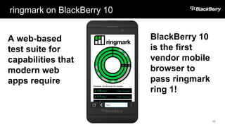 ringmark on BlackBerry 10
17
BlackBerry 10
is the first
vendor mobile
browser to
pass ringmark
ring 1!
A web-based
test suite for
capabilities that
modern web
apps require
 
