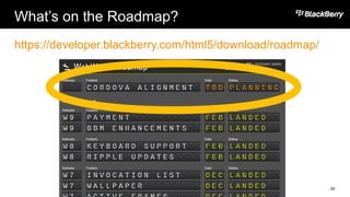 What’s on the Roadmap?
https://developer.blackberry.com/html5/download/roadmap/
20
 