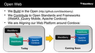 Open Web
 We Build in the Open (http://github.com/blackberry)
 We Contribute to Open Standards and Frameworks
(WebKit, jQuery Mobile, Apache Cordova)
 We are Aligning our Web Platform around Cordova:
27
WebWorks
Apache
Cordova
Apache
Cordova
WebWorks
Today Coming Soon
BlackBerry
BlackBerry
 
