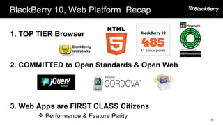 BlackBerry 10, Web Platform Recap
30
1. TOP TIER Browser
2. COMMITTED to Open Standards & Open Web
3. Web Apps are FIRST CLASS Citizens
 Performance & Feature Parity
 