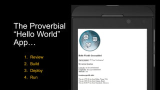 The Proverbial
“Hello World”
App…
1. Review
2. Build
3. Deploy
4. Run
 