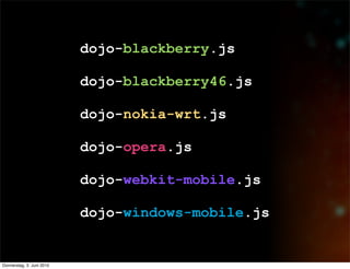 dojo-blackberry.js

                           dojo-blackberry46.js

                           dojo-nokia-wrt.js

                           dojo-opera.js

                           dojo-webkit-mobile.js

                           dojo-windows-mobile.js


Donnerstag, 3. Juni 2010
 