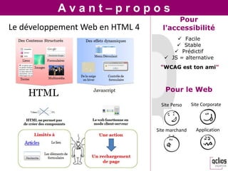 A v a n t – p r o p o s
Le développement Web en HTML 4
Pour
l'accessibilité
 Facile
 Stable
 Prédictif
 JS = alternati...