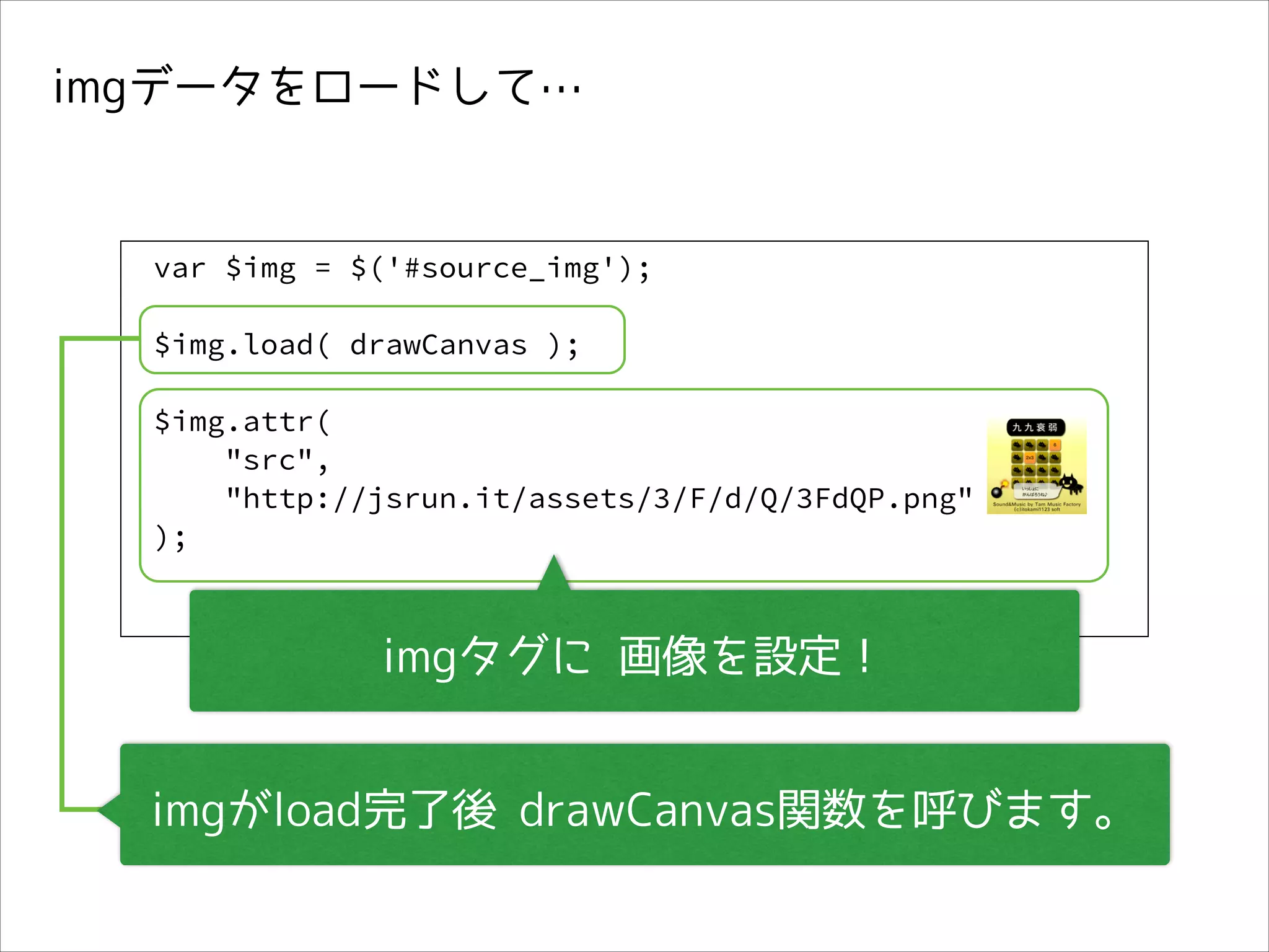 imgデータをロードして…

var $img = $('#source_img');
!
$img.load( drawCanvas );
!
$img.attr(
"src",
"http://jsrun.it/assets/3/F/d/Q/3FdQP.png"
);
!

imgタグに 画像を設定！
imgがload完了後 drawCanvas関数を呼びます。

 