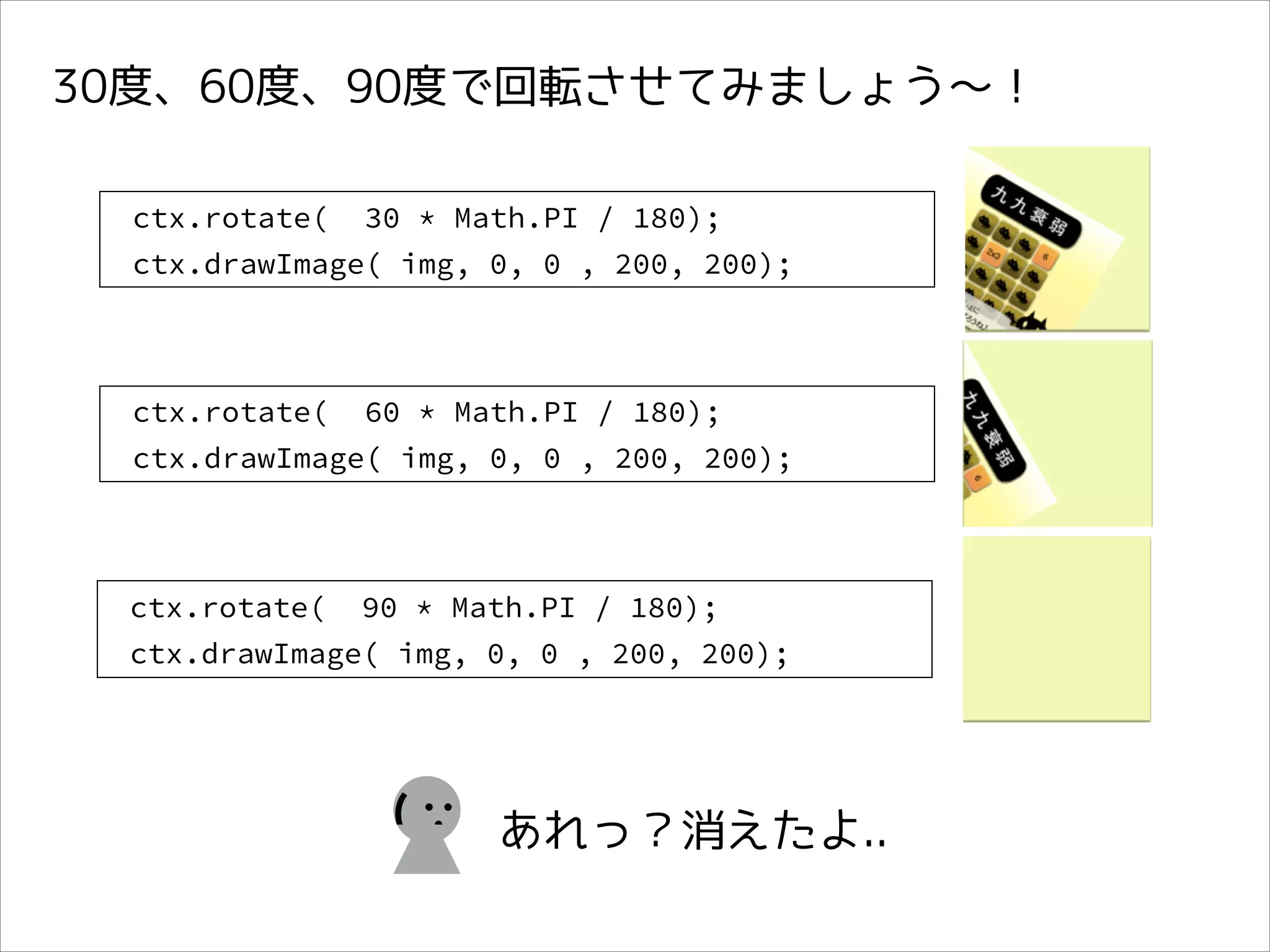 30度、60度、90度で回転させてみましょう〜！
ctx.rotate(

30 * Math.PI / 180);

ctx.drawImage( img, 0, 0 , 200, 200);

ctx.rotate(

60 * Math.PI / 180);

ctx.drawImage( img, 0, 0 , 200, 200);

ctx.rotate(

90 * Math.PI / 180);

ctx.drawImage( img, 0, 0 , 200, 200);

(

あれっ？消えたよ..

 