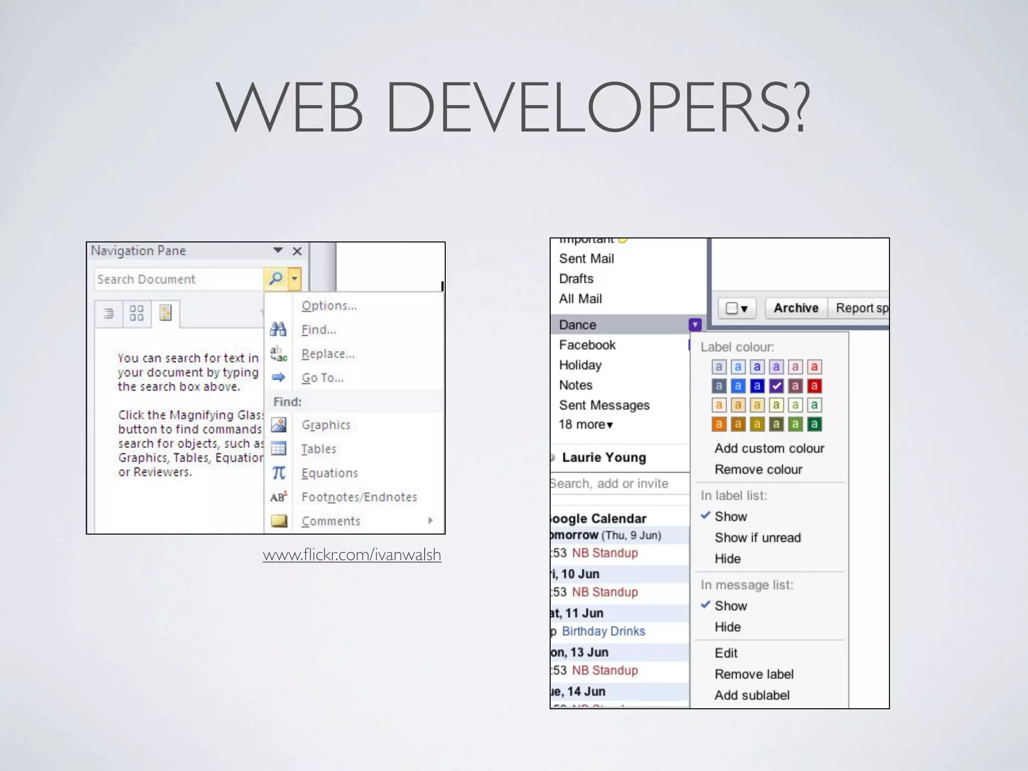 WEB DEVELOPERS?




 www.ﬂickr.com/ivanwalsh
 