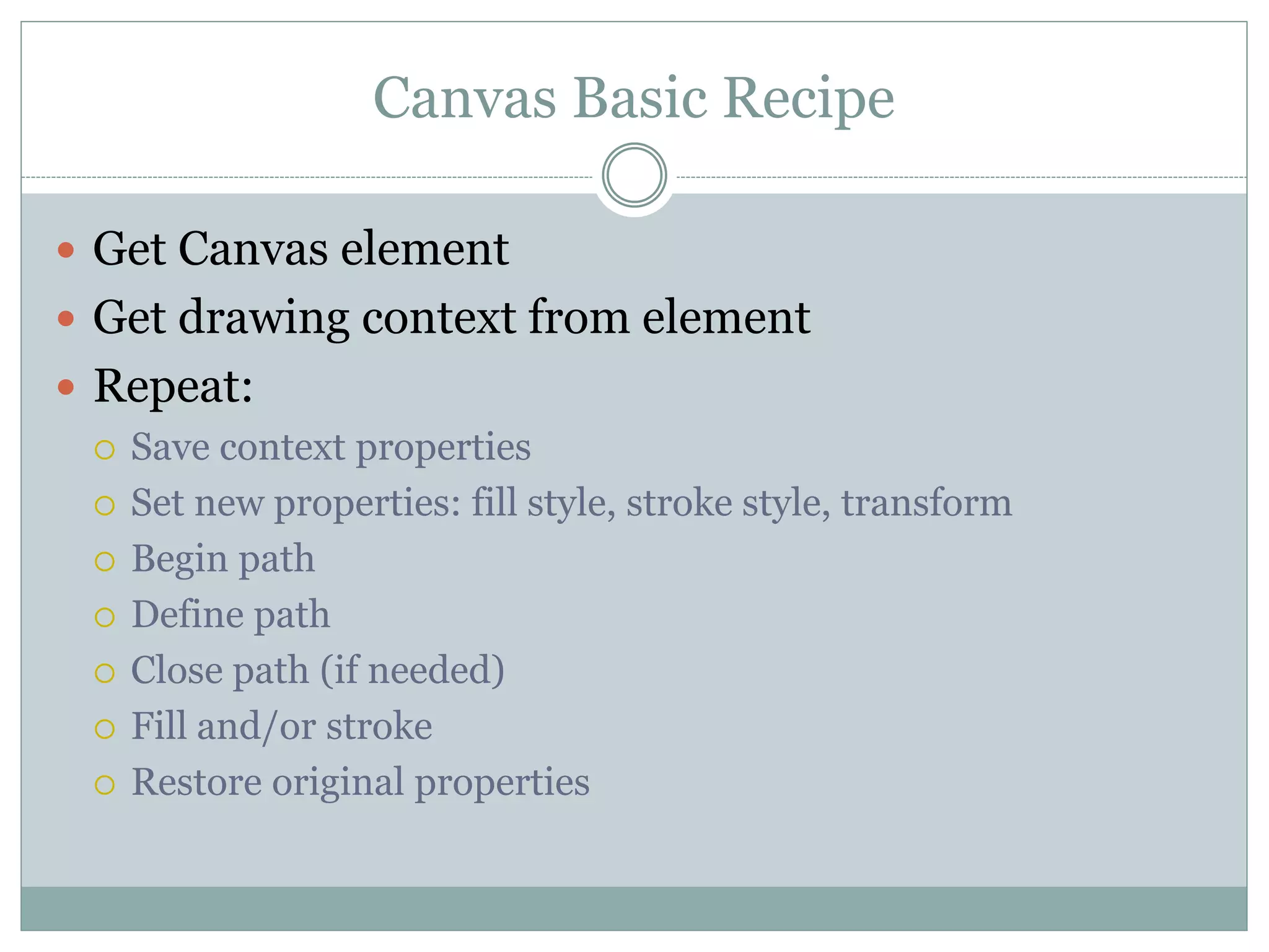 Canvas Basic Recipe
 Get Canvas element
 Get drawing context from element
 Repeat:
 Save context properties
 Set new properties: fill style, stroke style, transform
 Begin path
 Define path
 Close path (if needed)
 Fill and/or stroke
 Restore original properties
 