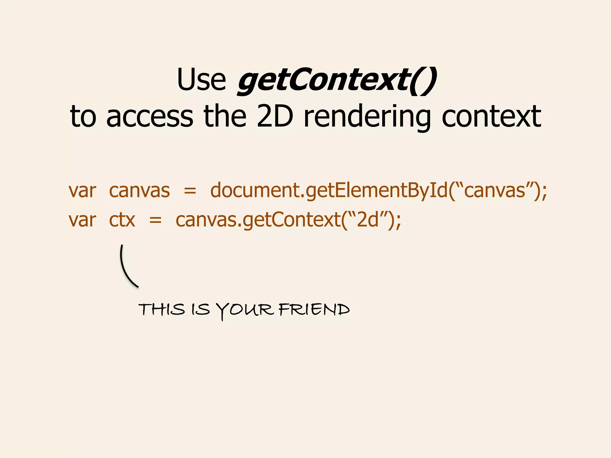 Use getContext()
to access the 2D rendering context
var canvas = document.getElementById(“canvas”);
var ctx = canvas.getContext(“2d”);
THIS IS YOUR FRIEND
 
