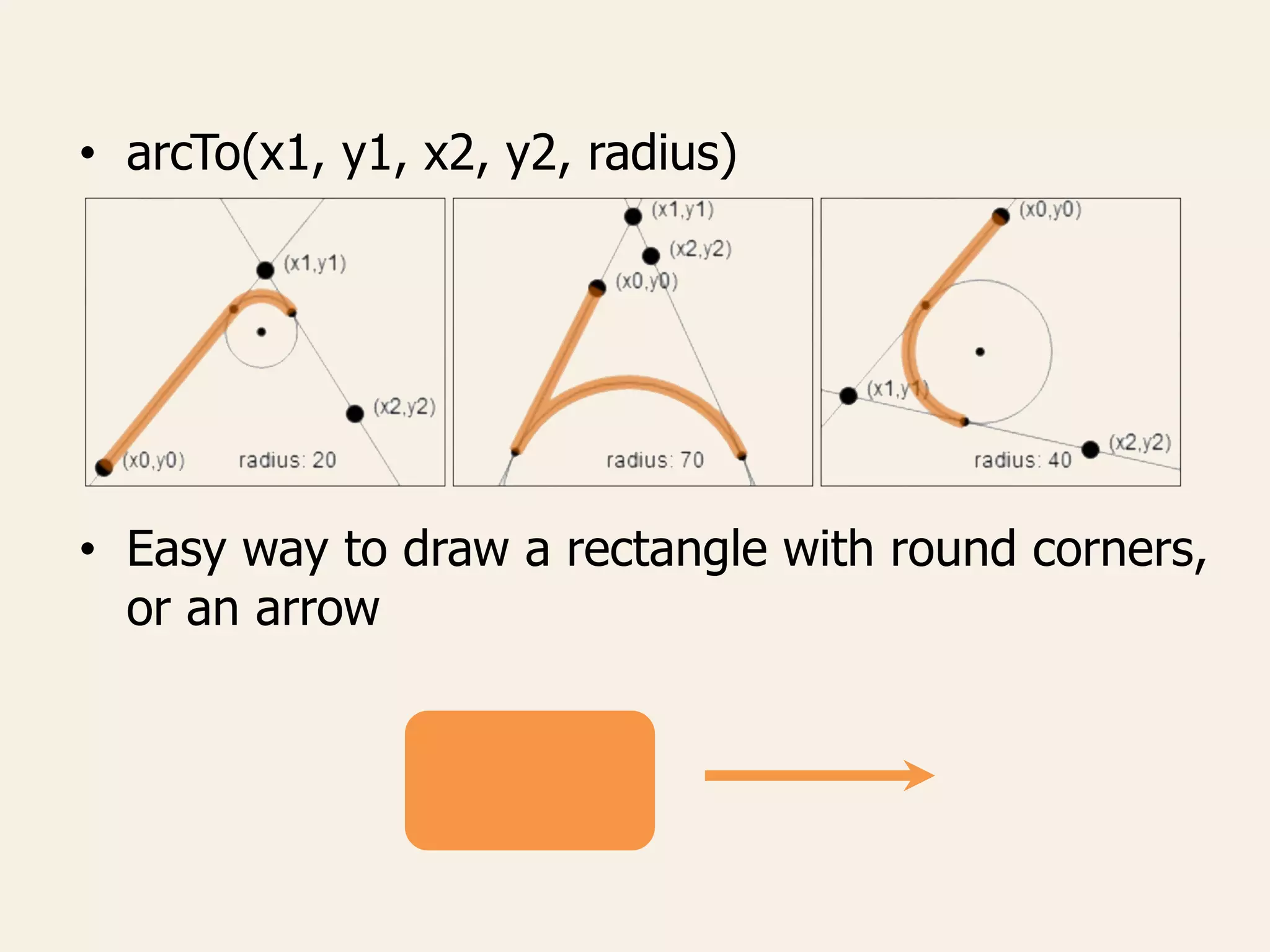 • arcTo(x1, y1, x2, y2, radius)
• Easy way to draw a rectangle with round corners,
or an arrow
 