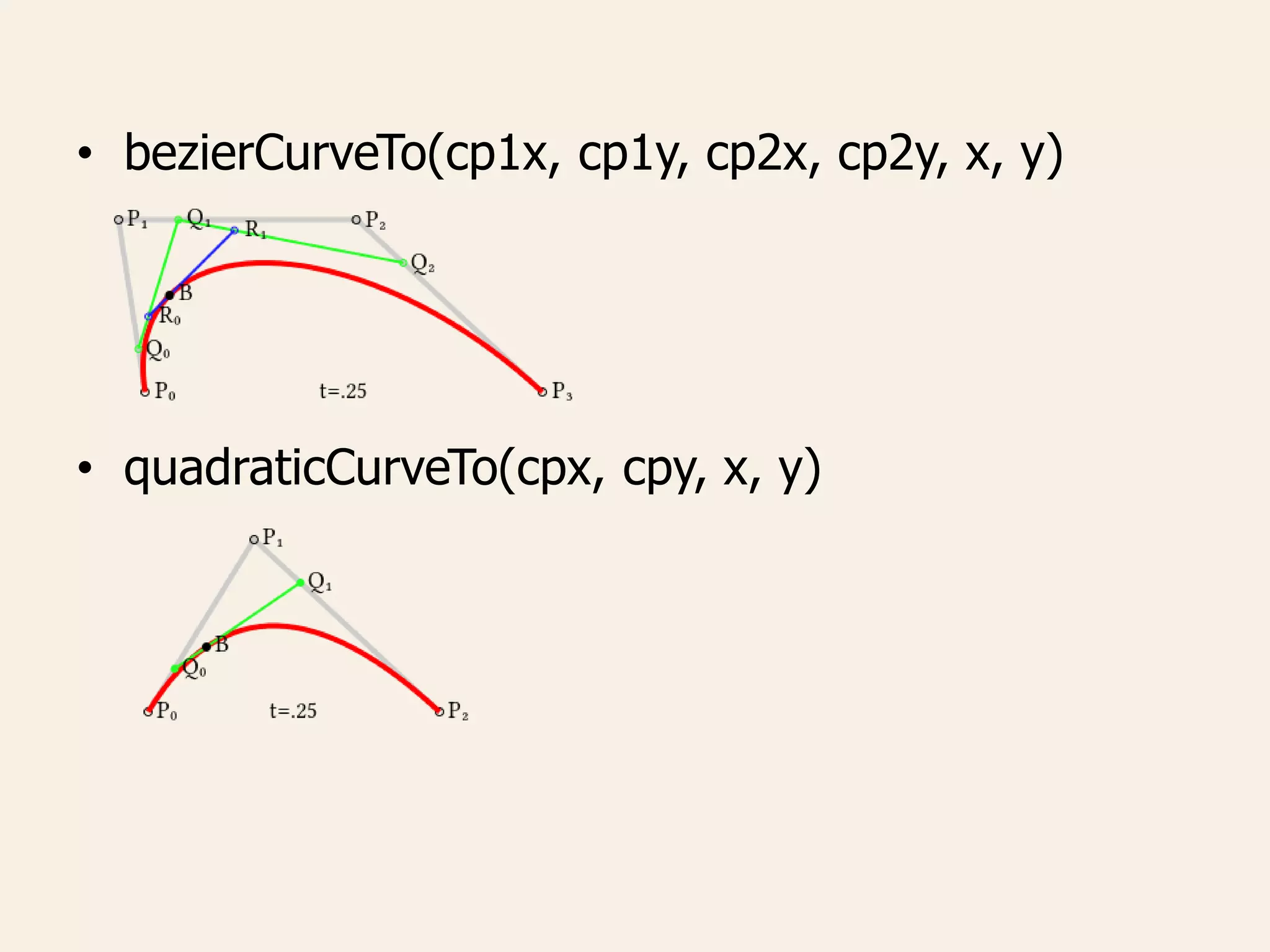 • bezierCurveTo(cp1x, cp1y, cp2x, cp2y, x, y)
• quadraticCurveTo(cpx, cpy, x, y)
 