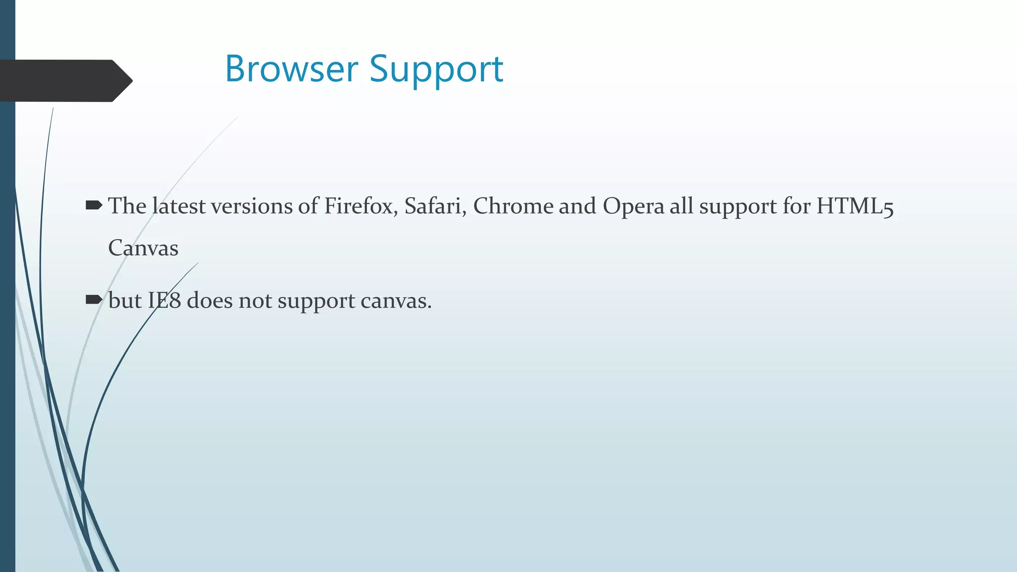 Browser Support
The latest versions of Firefox, Safari, Chrome and Opera all support for HTML5
Canvas
but IE8 does not support canvas.
 